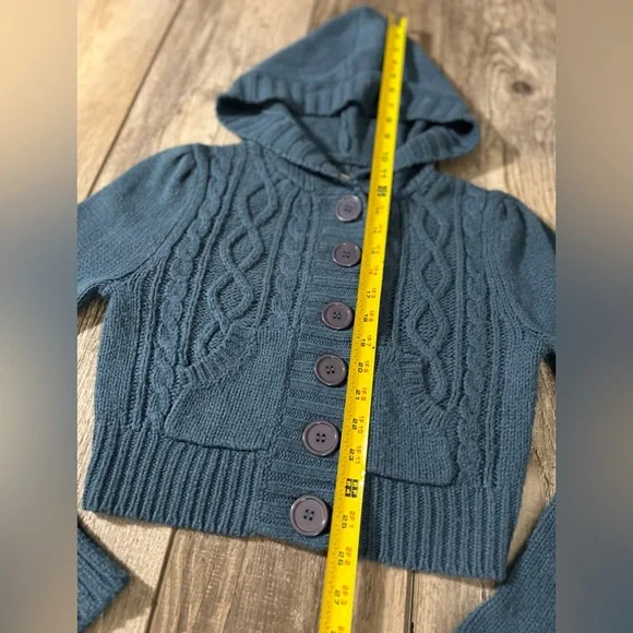 Love Rocks Midnight Blue Hooded Button Down Cableknit Cropped Sweater - M - Picture 7 of 12